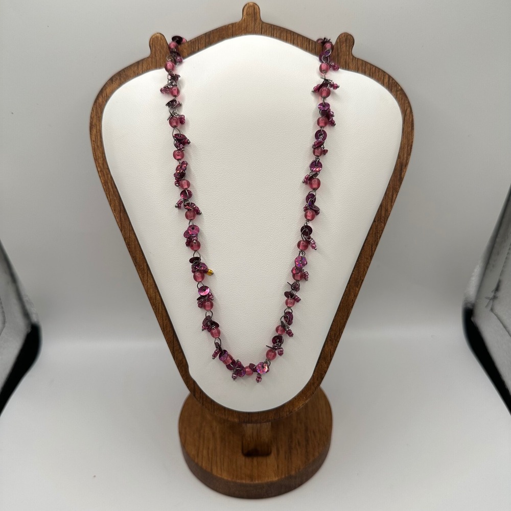 VTG Y2K Prom Pink Purple Beaded Sequin Necklace Adjustable Silver Tone Chain 18"